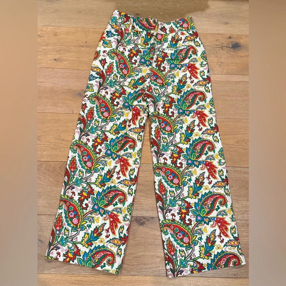 BODEN Ivory Paisley Wide Leg Pants Size 2-Petite 100% Linen Multicolor - Picture 3 of 11